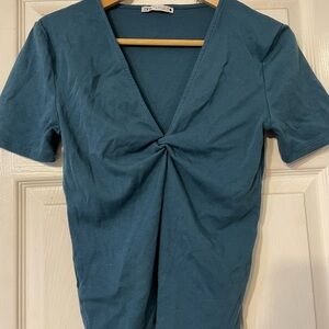 Zara Teal Twist-Front V-Neck Short Sleeve Top